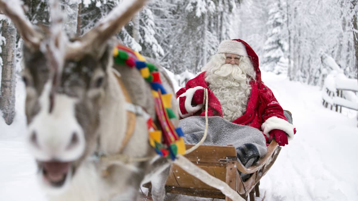 Joulupukki reen kyydissä talvisessa maisemassa.