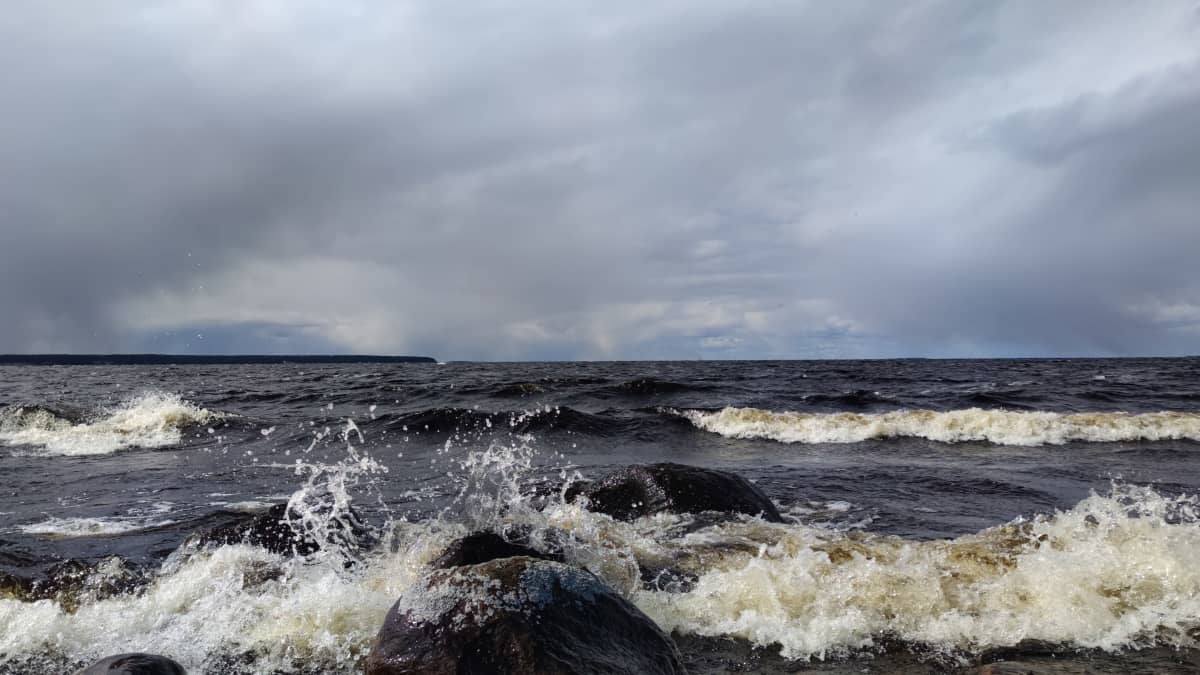 Tuulinen ja synkkä päivä Oulujärven äärellä. Laineet lyövät rantakivikkoon. 