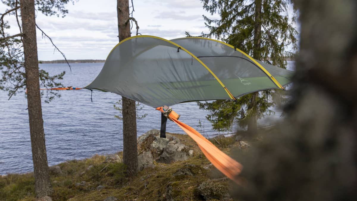 Tentsilen teltta pingotettuna ilmaan puiden väliin Kyyjärven leirintäalueen rantamaisemassa