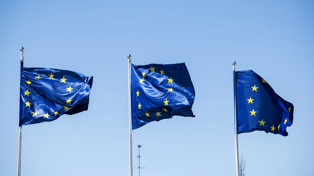Kuvassa on kolme Euroopan unionin lippua.