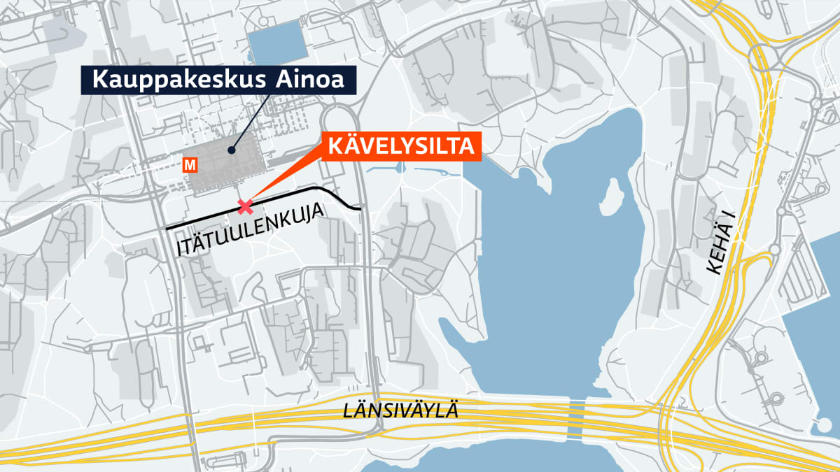 Romahtanut ylikulkusilta lähellä kauppakeskus Ainoaa, Itätuulenkujalla