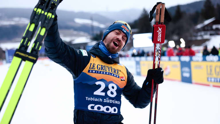 Perttu Hyvärinen celebrating his win.