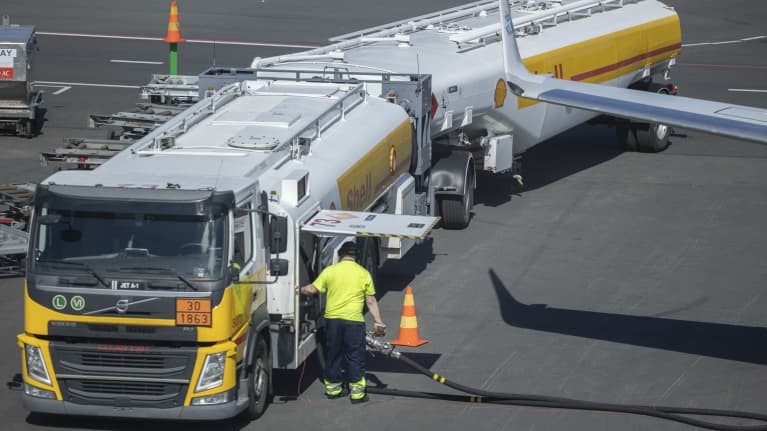Photo shows a refuelling tank at Helsinki Airport.