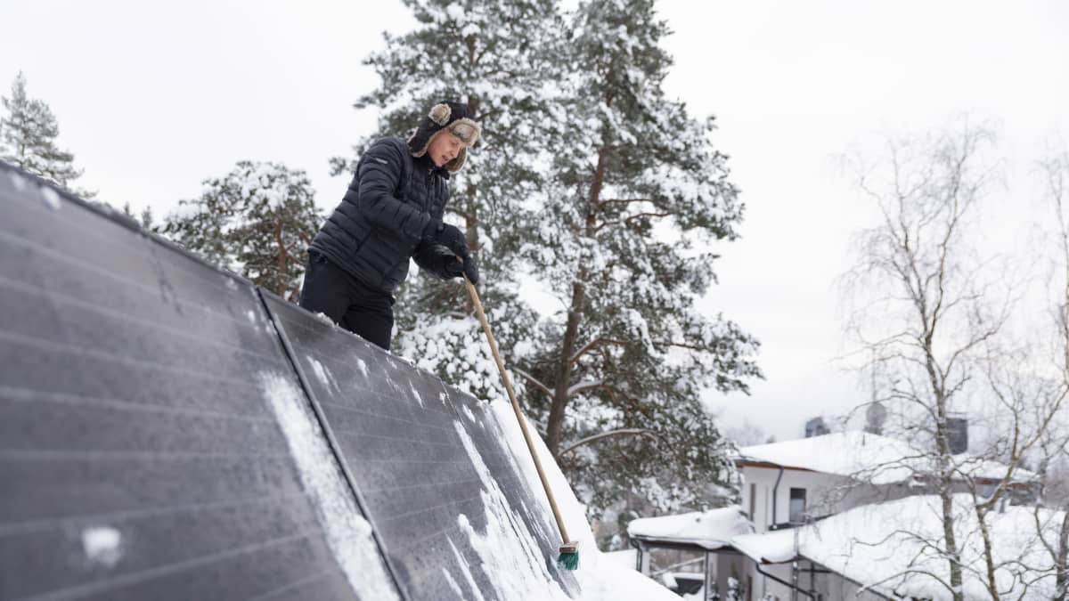 Espoolainen Ari Siipivirta pyyhkii lunta aurinkopaneelien päältä.