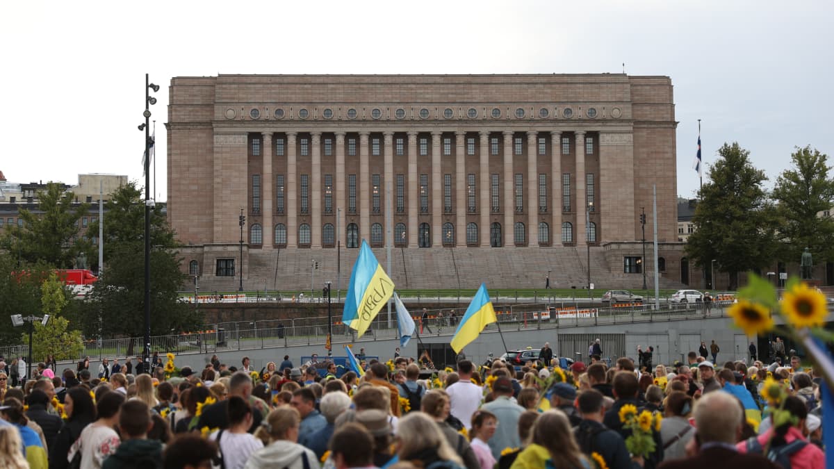Photo shows a pro-Ukraine, anti-war march outside the Finnish parliament building in August.
