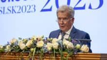 Photo shows Finland's President Sauli Niinistö speaking at the annual meeting of foreign diplomats in Helsinki on Tuesday.