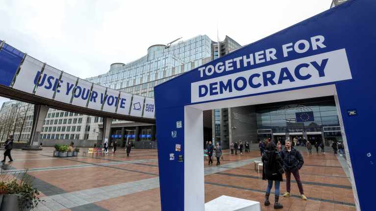 Outside the European Parliament there are texts reminding about the European elections and democracy. Image: EPA-EFE