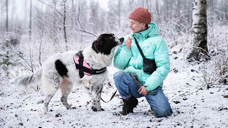 Nita koiransa kanssa metsässä.
