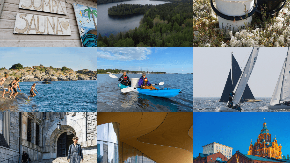 A collage of various free summer activities in Finland.