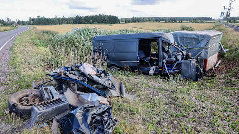 A van wrecked in an accident.