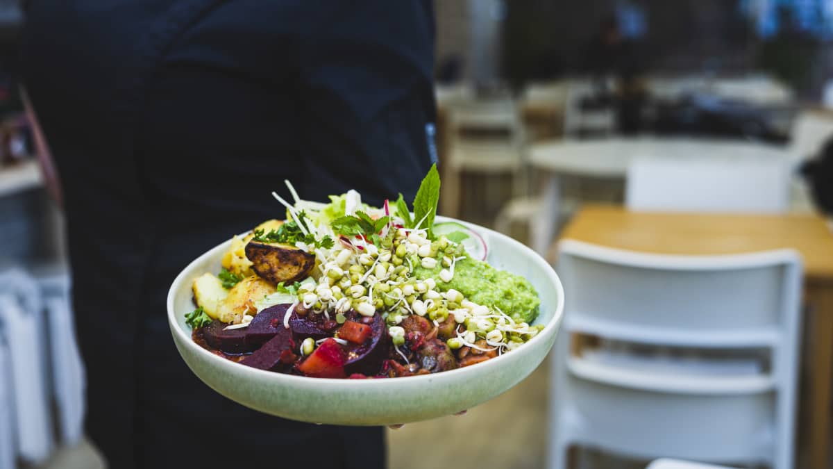 Plate of salad and vegetables at a vegetarian restaurant.