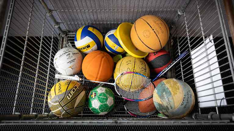 Balls and clubs in the basket.