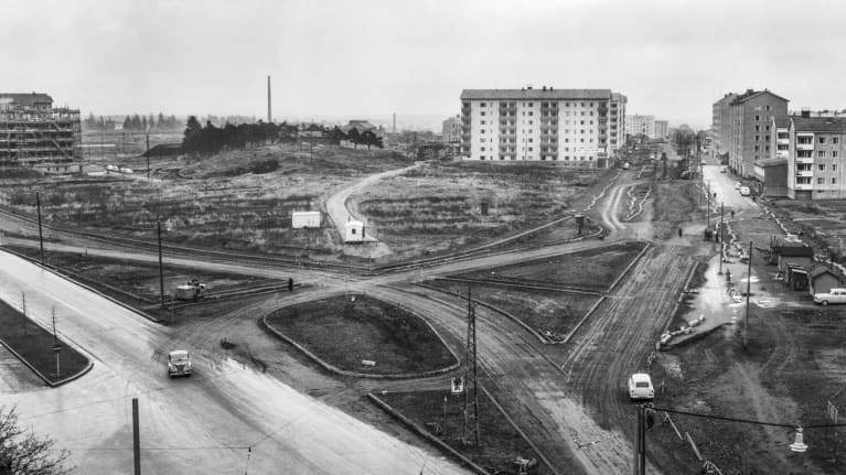 Mustavalkoinen kuva Tampereen Kalevasta vuonna 1958.