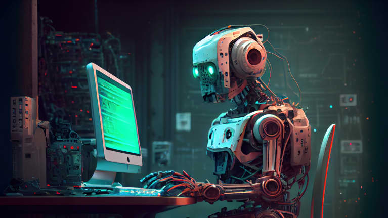 Robot som sitter vid en dator.