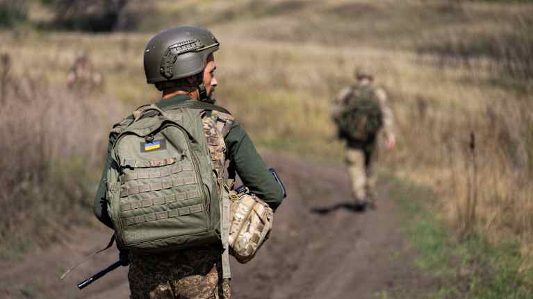     Soldiers of the Khartia brigade during military exercises near the front in the Kharkiv region.