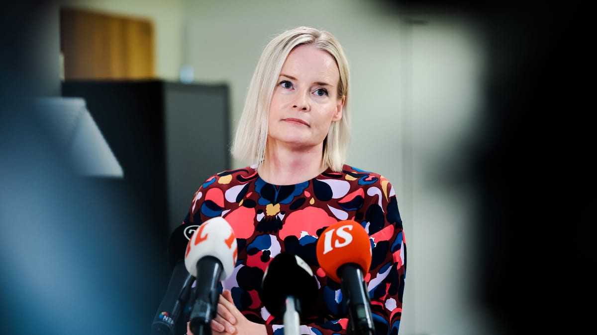 Photos shows Finance Minister and leader of the Finns Party Riikka Purra at a press conference.