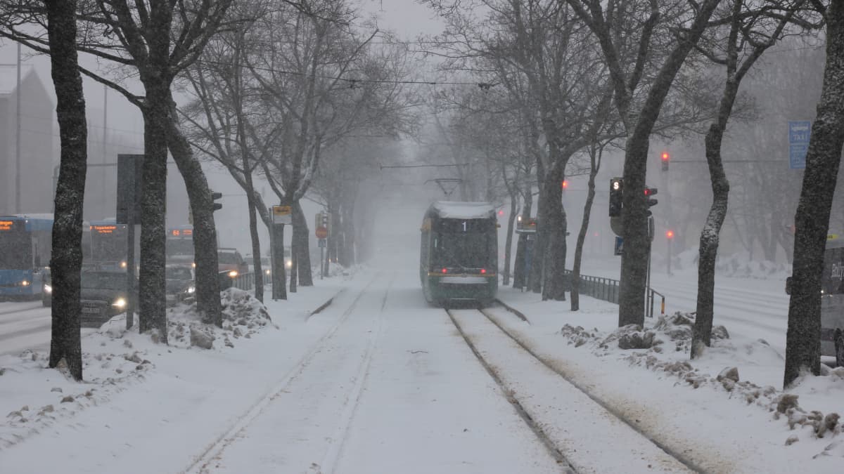 Sankka lumisade teki ajokelistä erittäin haastavan maanantaina. Kuvassa raitiovaunu Kimmontien pysäkillä Helsingin Käpylässä.
