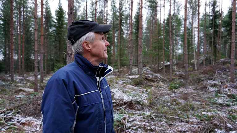 Man i blå jacka och keps står i en tallskog.