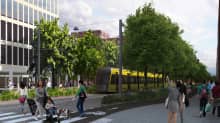 Havainnekuva Turun raitiotiehankkeesta Herttuankulman asuinalueen kohdalla.