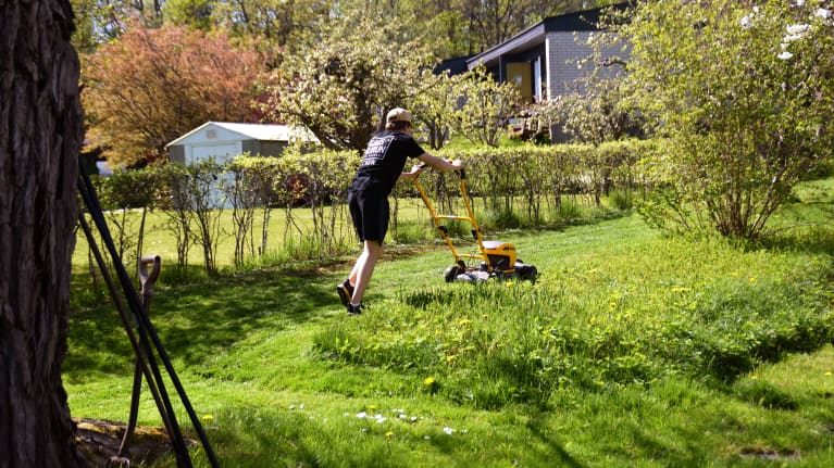 Nuori henkilö leikkaa nurmikkoa. 