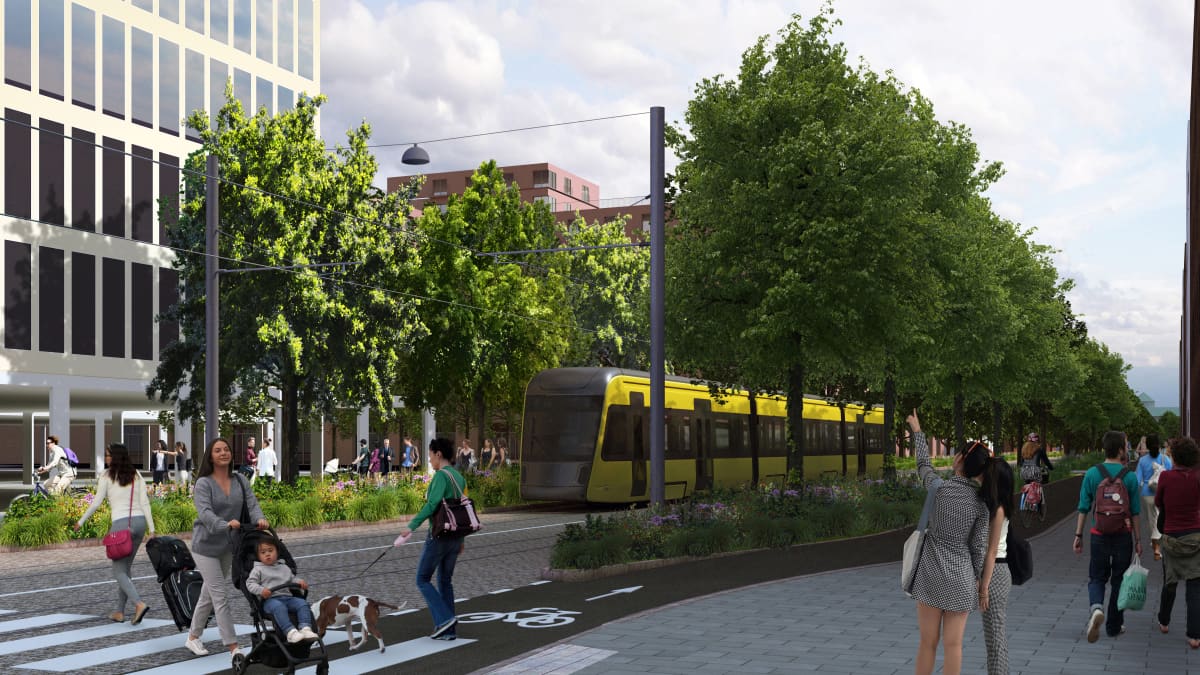 Havainnekuva Turun raitiotiehankkeesta Herttuankulman asuinalueen kohdalla.