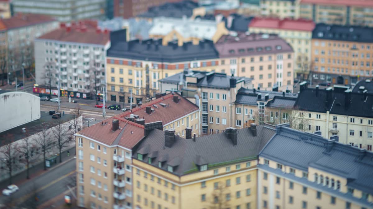 So-called tilt-shift photo of apartment buildings in Helsinki's Töölö district.