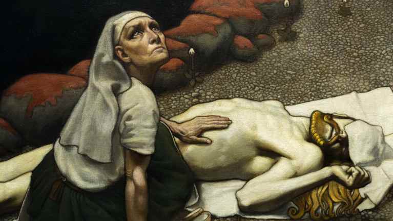 Lemminkäisen äiti on Akseli Gallen-Kallelan maalaus vuodelta 1897. Lemminkäinen on suomalaisen kansanperinteen sankari. Lönnrot loi Kalevalan Lemminkäis-hahmon yhdistelemällä monia kansanrunouden hahmoja. Kuva: Mårten Lampén / Yle