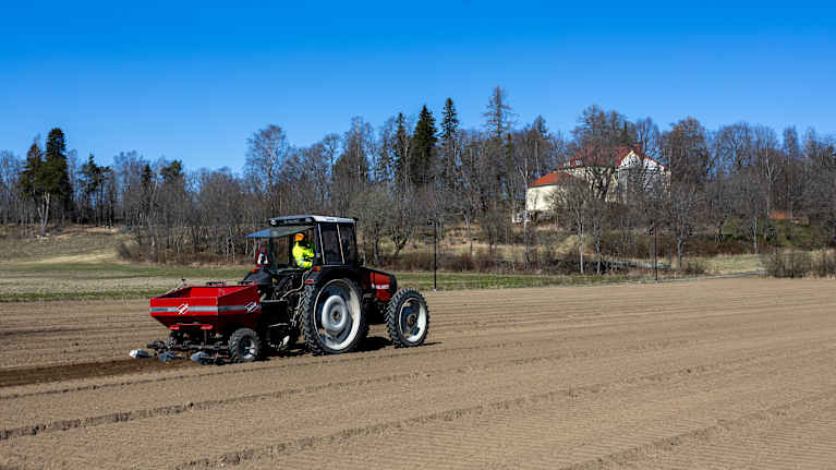En röd-svart traktor med en röd sättpotatis-maskin på släp kör på en åker.  