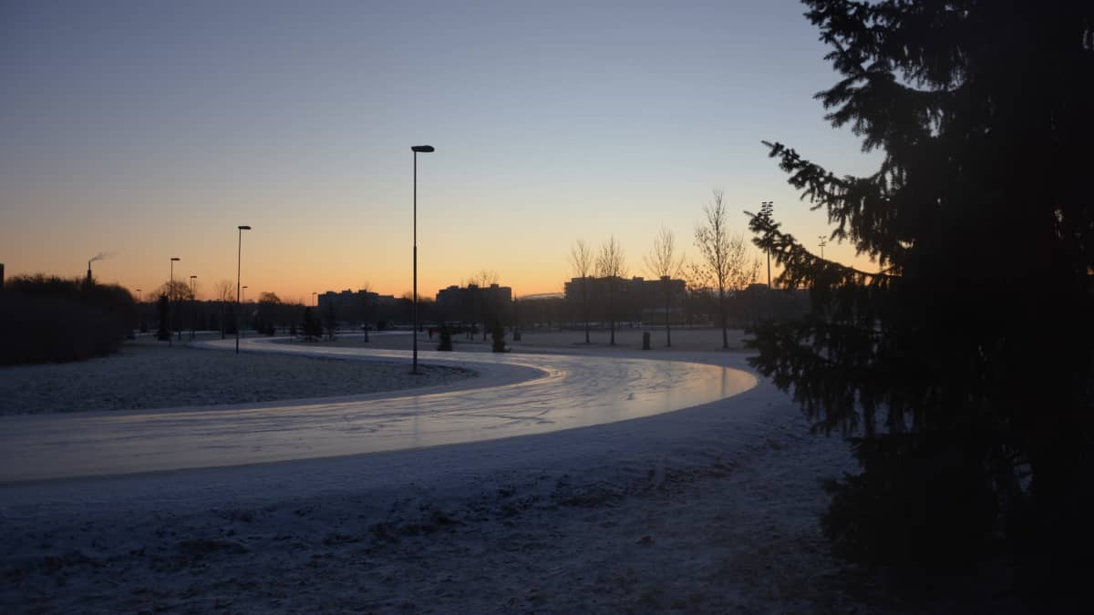 Bild av en skridskobana i morgonsrodnad. 