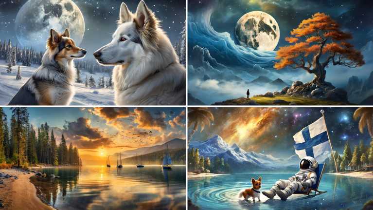 Neljä tekoälyllä tehtyä kuvaa, jotka osallistuivat Suomen kaunein prompti -kisaan. Kuvissa kaksi koiraa, puu, maisema ja astronautti.