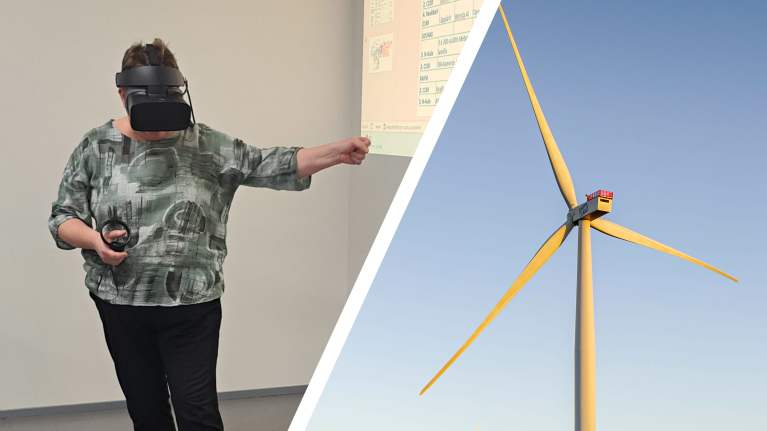 Forssan ammatti-instituutissa sähkö- ja automaatioalan lehtorina toimiva Katja Koponen-Andersson VR-lasit päässään. Kuvassa myös tuuliturbiini.