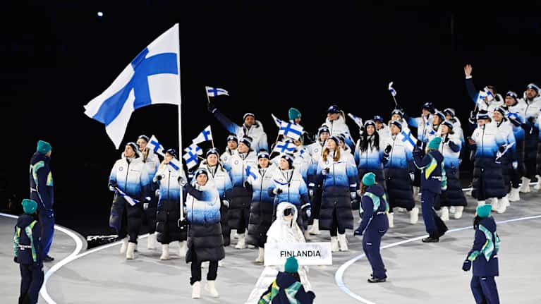 The Finnish team at the opening ceremony of the Milan-Cortina Winter Olympics.