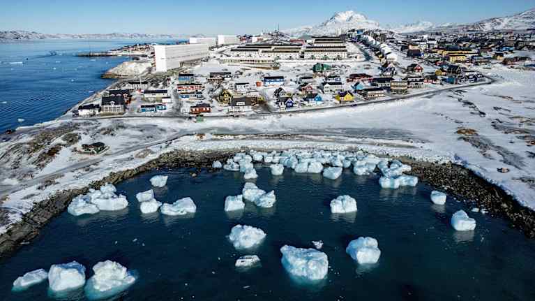 Greenland&rsquo;s capital Nuuk in aerial view.