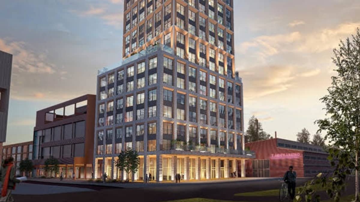 Havainnekuva 16- kerrokksisesta puukerrostalosta, jota suunnitellaan oulun uudelle asuntomessualueelle vuodeksi 2025.