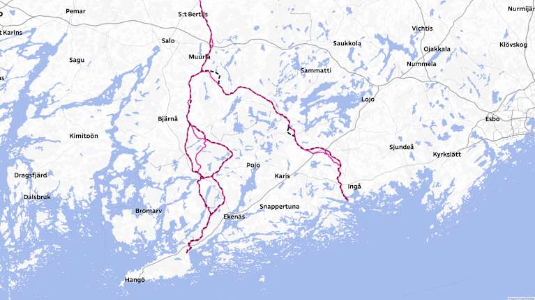 En karta där Gasgrids gamla och nya vätgasrutter i Västnyland syns. 