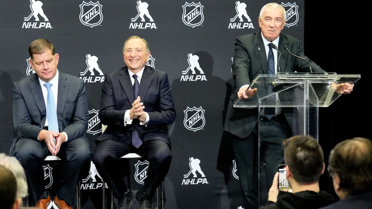 NHLPA Executive Director Marty Walsh, NHL Commissioner Gary Bettman and IIHF President Luc Tardiff at the NHL Media Conference on February 2, 2024.