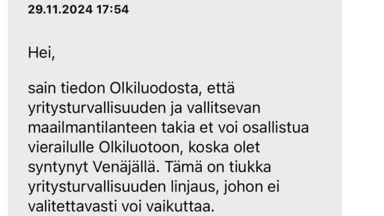 Kuvakaappaus viestistä liittyen vierailuun Olkiluodossa.