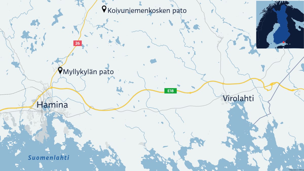 Kartta josta näkyy Koivuniemenkosken ja Myllykylän padot.