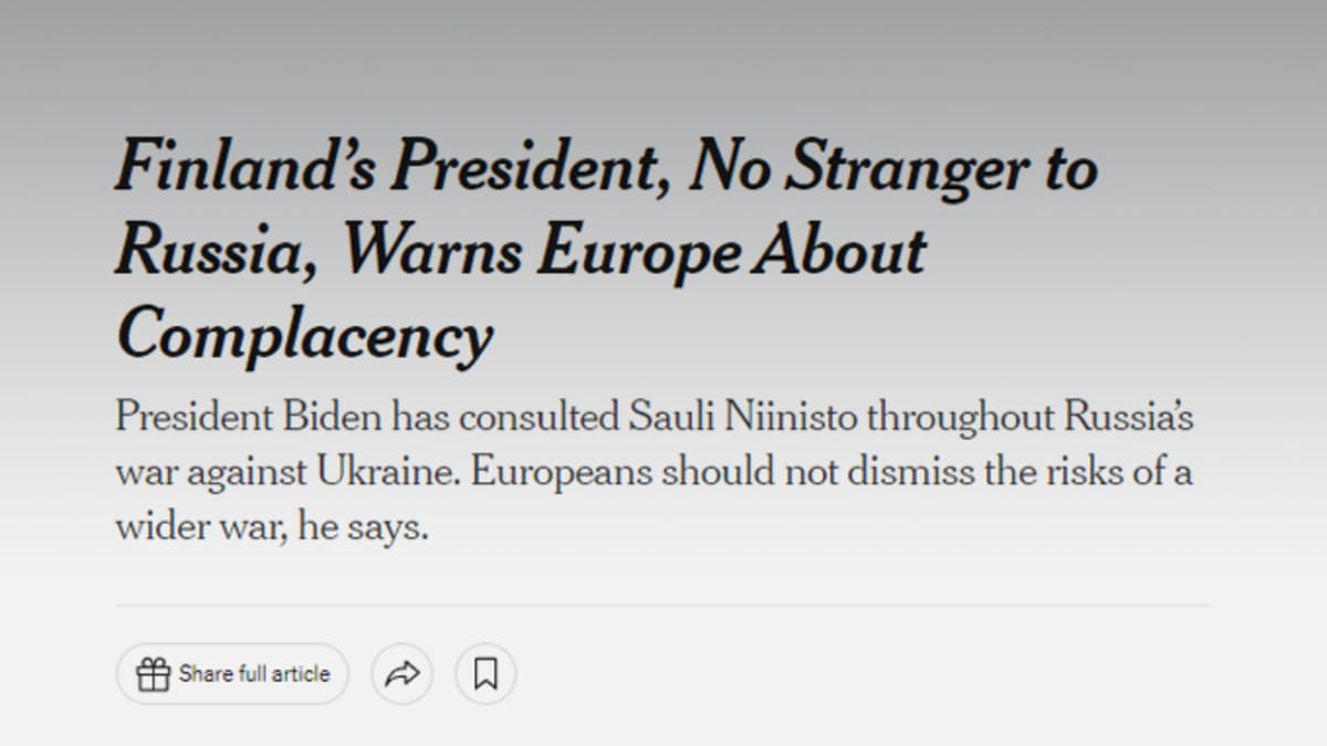 Kuvakaappaus The New York Timesin artikkelista joka käsittelee Sauli Niinistön vierailua yhdysvalloissa.