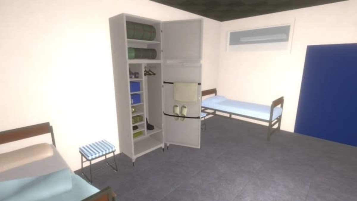 Finnish Army Simulator -pelistä kuvakaappaus, missä näkyy punkka ja kaappi armeijakasarmilla.