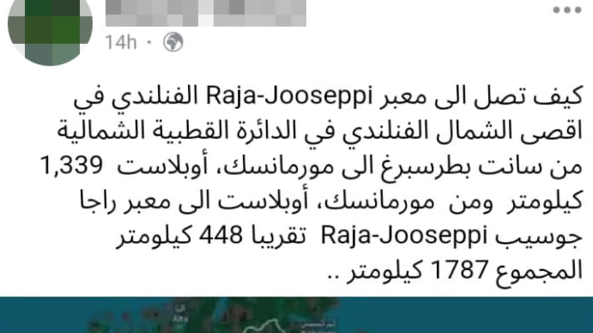 Kuvakaappaus Facebook-viestistä. Viestissä on arabiankielistä tekstiä ja Suomen ja Venäjän kartta johon on merkitty reitti Pietarista Murmanskiin.