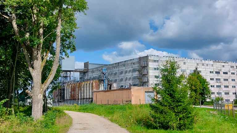 En grusväg leder fram till en större byggnad täckt av byggnadsställningar, omgiven av grönska och träd.