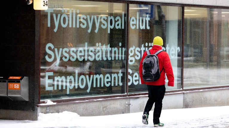 The window of the Employment Services Office in Helsinki during winter.