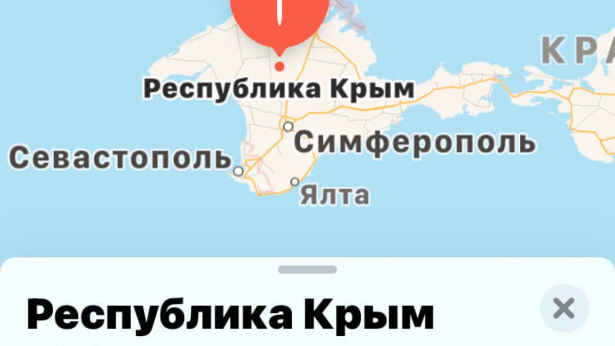 Ruutukaappaus Applen karttasovelluksesta. Kartan alaosassa näkyy teksti "Krimin tasavalta, Venäjä".