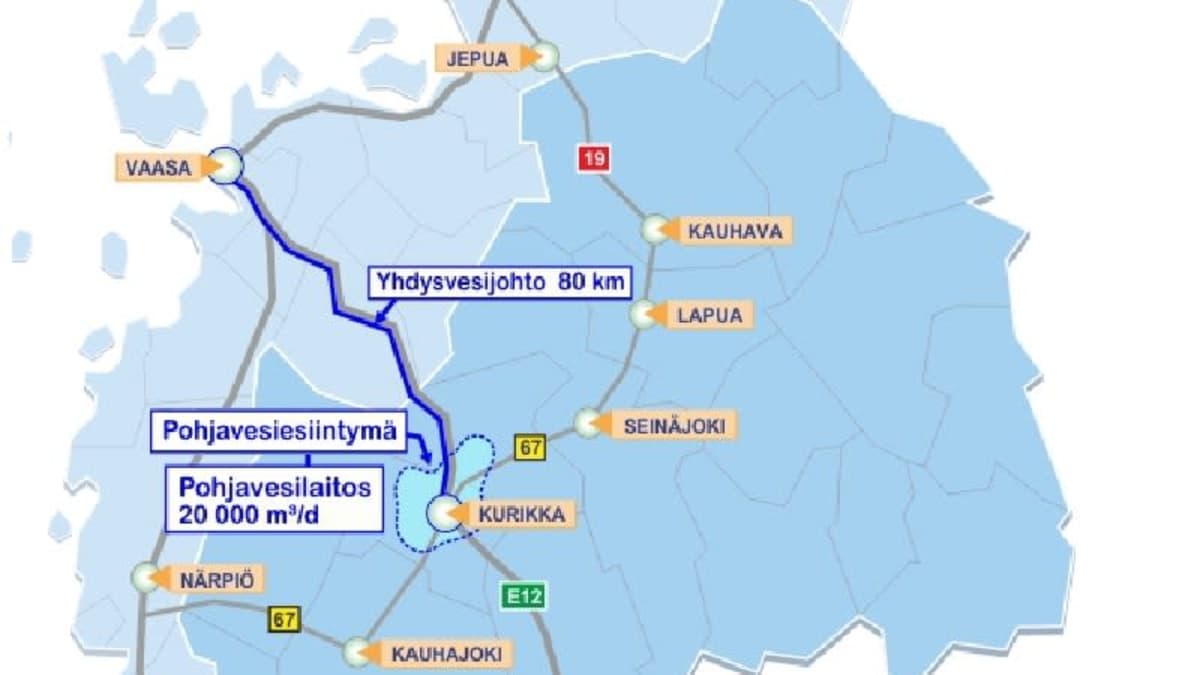 Kartta syväpohjanveden juoksutussuunitelmasta Kurkasta Vaasaan