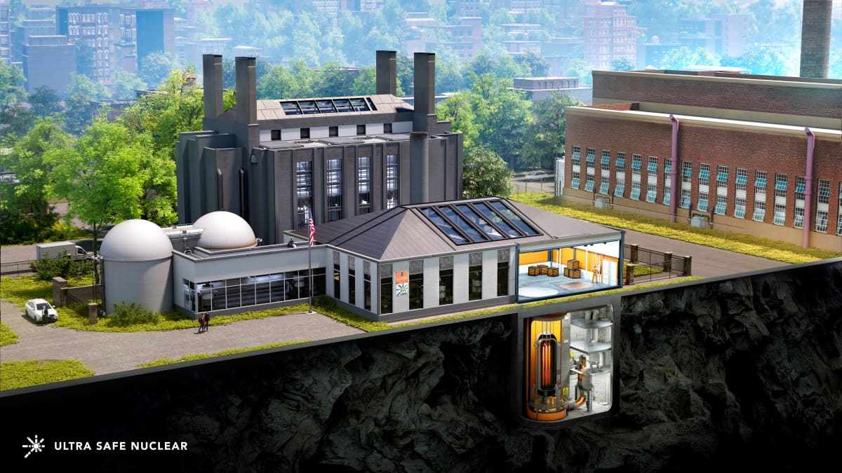 Havainnekuva Ultra Safe Nuclear -yhtiön suunnittelemasta pienreaktorikokonaisuudesta.