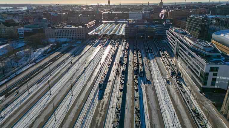 Junat eivät liikkuneet Helsingin päärautatieasemalla 2.2..2024.