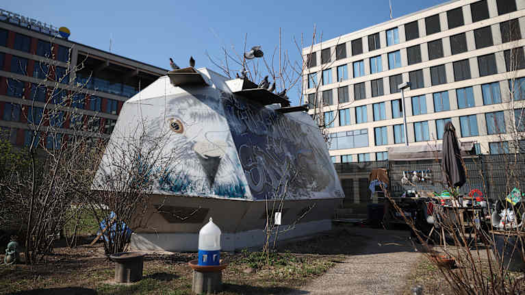 Vanhalta avaruusasemalta näyttävä hökötys modernien talojen edessä. Hökötykseen on maalattu iso linnunnaama. Ympärillä asioita ja tavaraa auringossa.