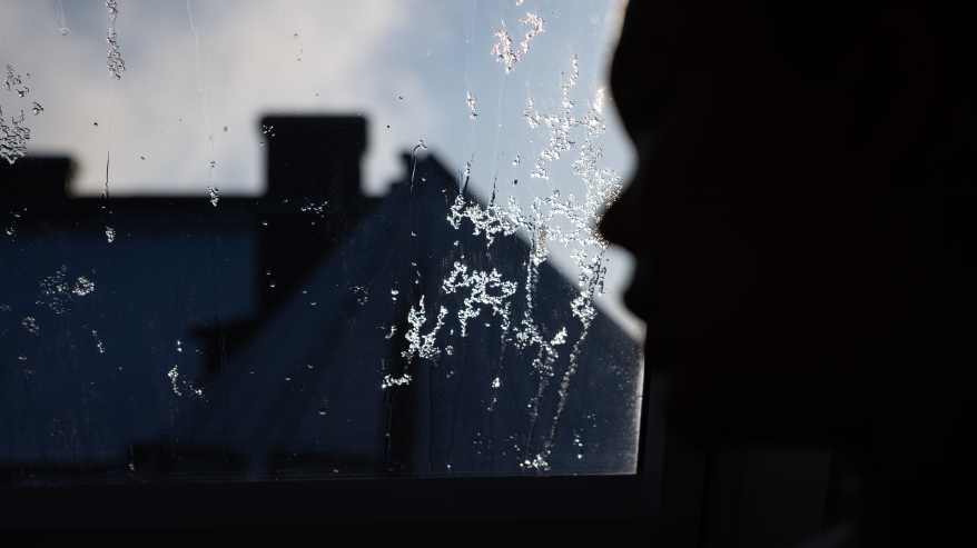 Profiilisiluettikuva Annasta, taustalla ikkunassa jäätä ja talojen kattoja.