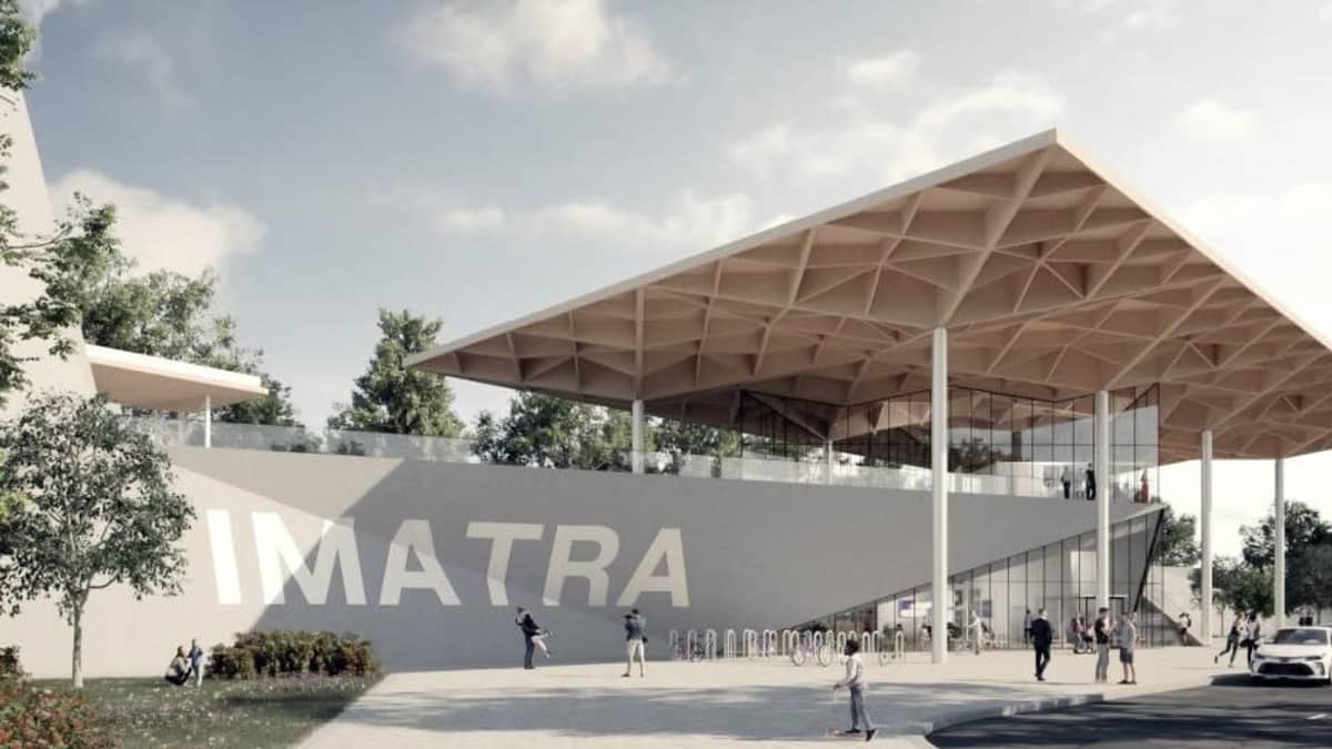 Havainnekuva Imatran uudesta rautatieasemasta pihan puolelta.